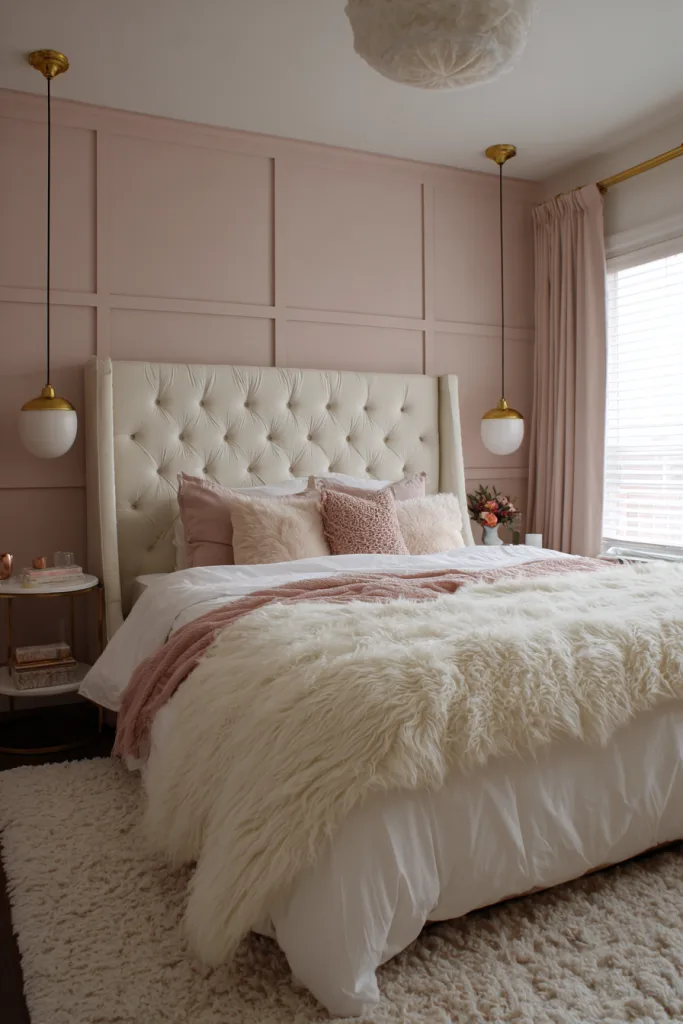blush pink board and batten wall in a romantic bedroom