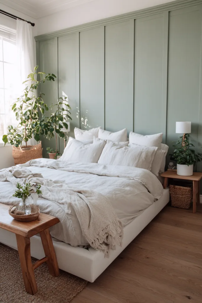 sage green board and batten wall in a bedroom