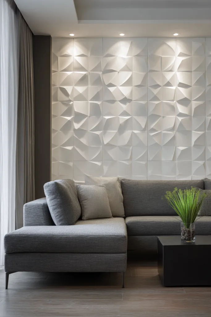 White geometric 3D wall panels as a living room accent wall