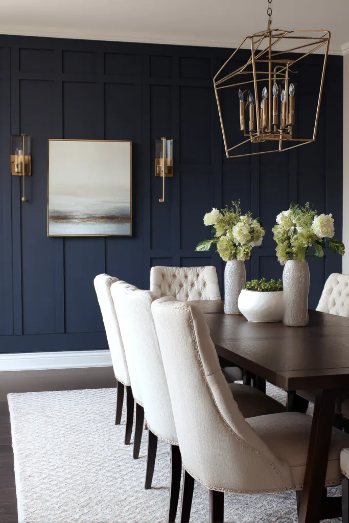 navy blue board and batten accent wall in a dining room