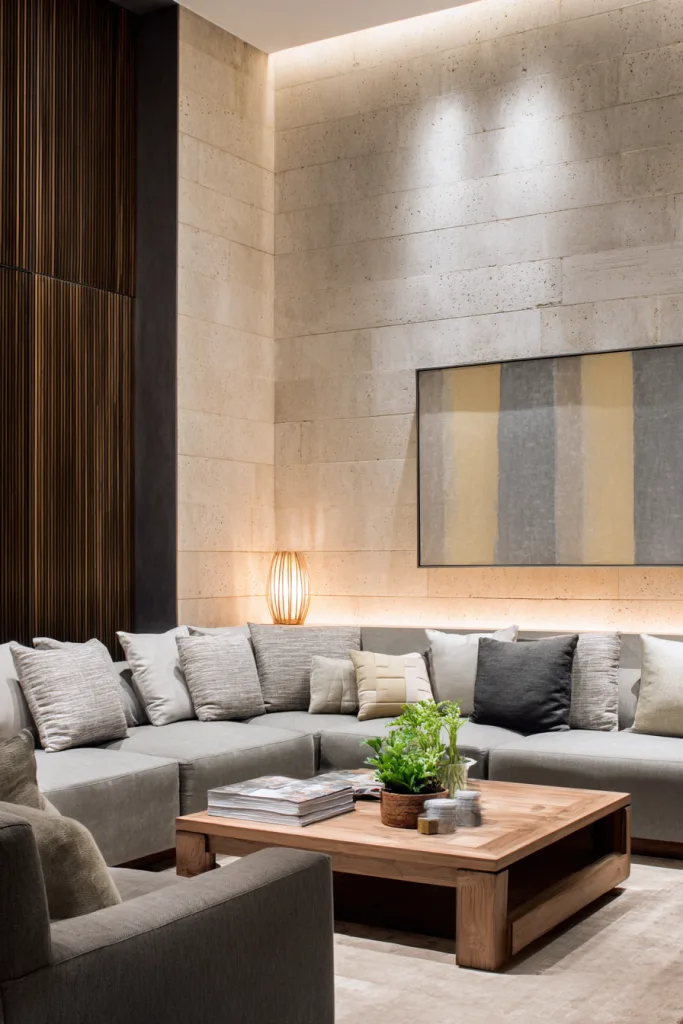 Natural limestone accent wall in a living room