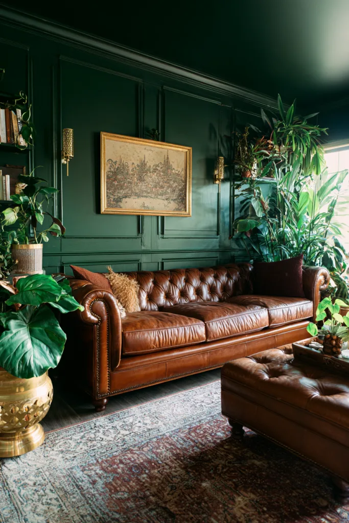 forest green board and batten wall in a living room