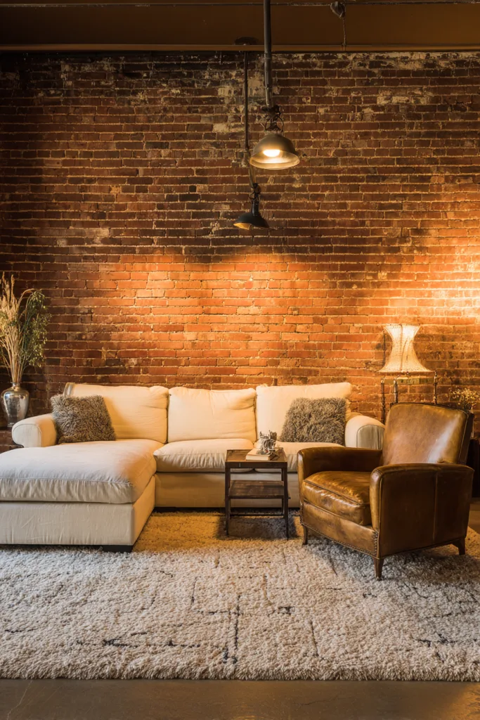 Exposed red brick accent wall in a living room