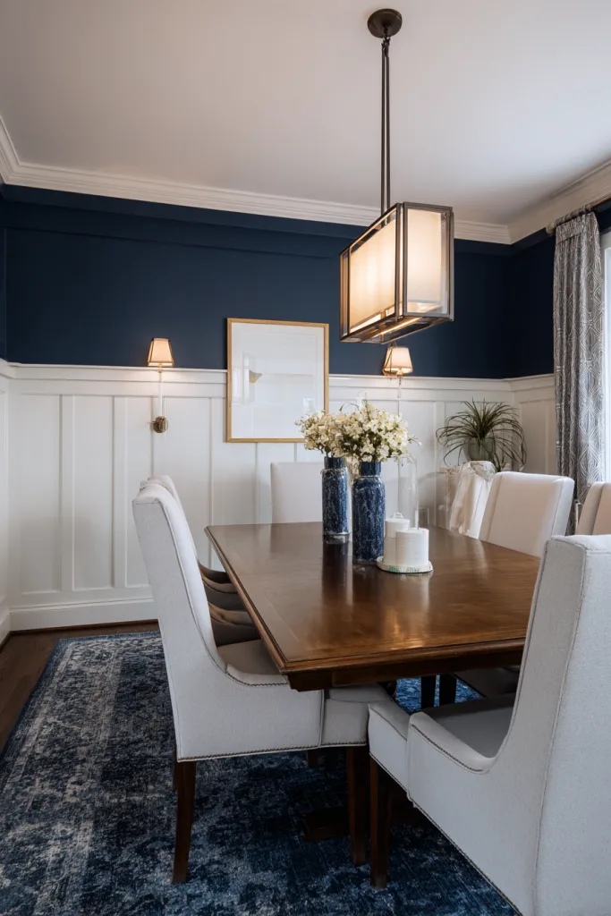 two-tone board and batten wall in a dining room