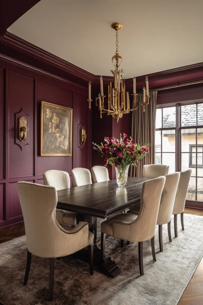 rich burgundy board and batten wall in a dining room