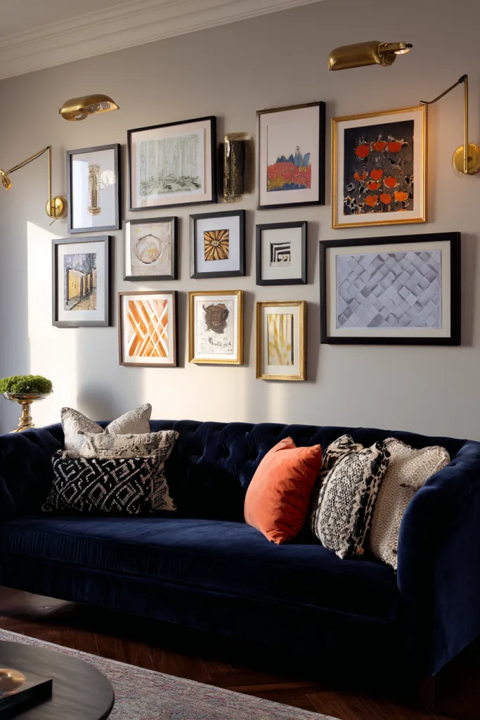 Curated gallery wall art display in a living room
