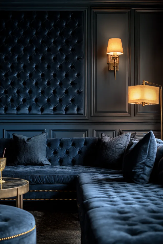 Tufted navy velvet upholstered accent wall