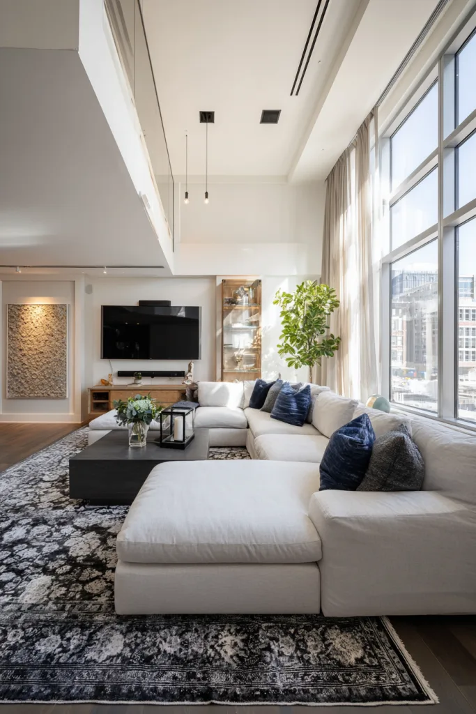 Sofa floated on a rug to anchor a TV viewing zone