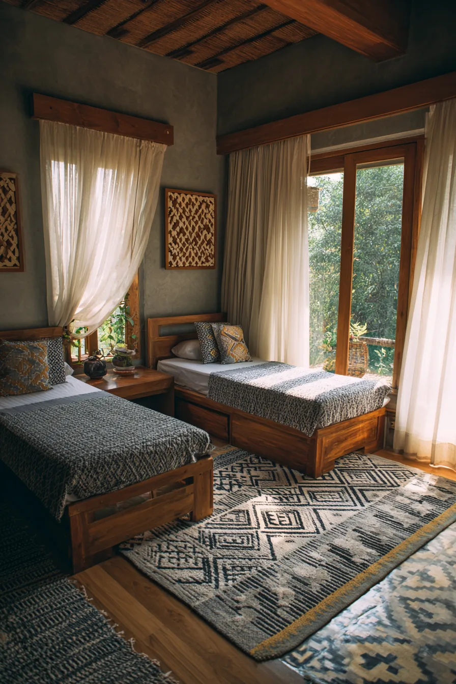 L-shaped bedroom layout with twin beds in warm wood furniture