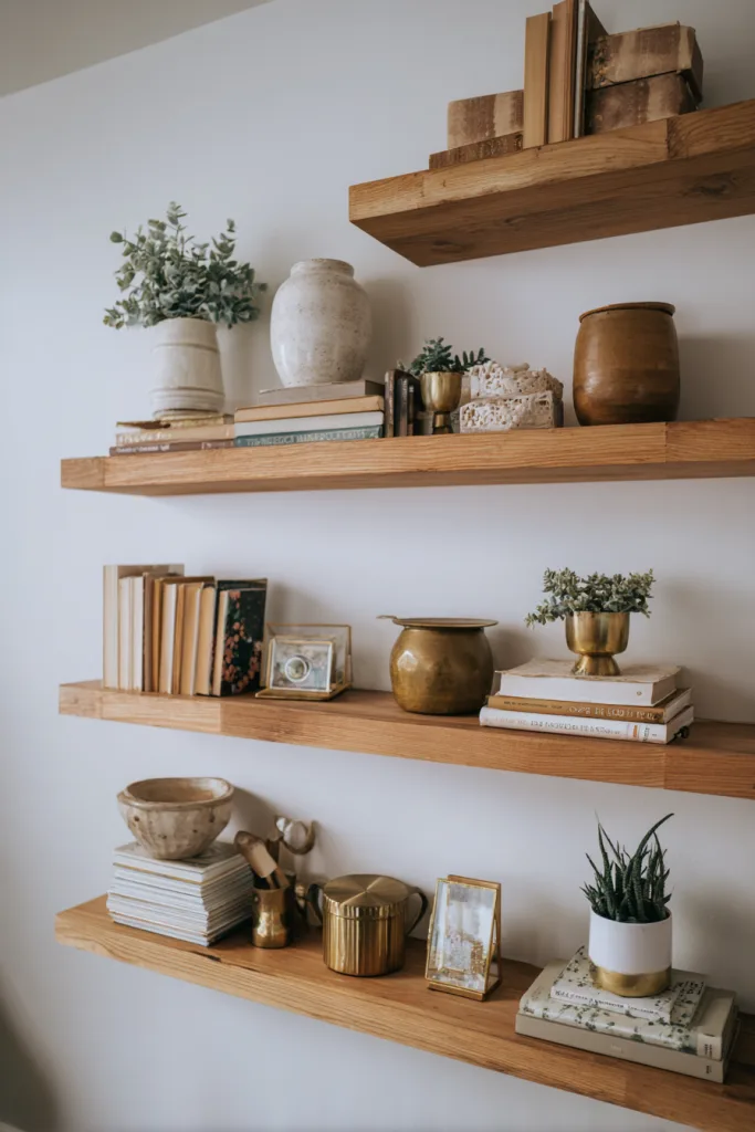 earth tones living room shelf styling