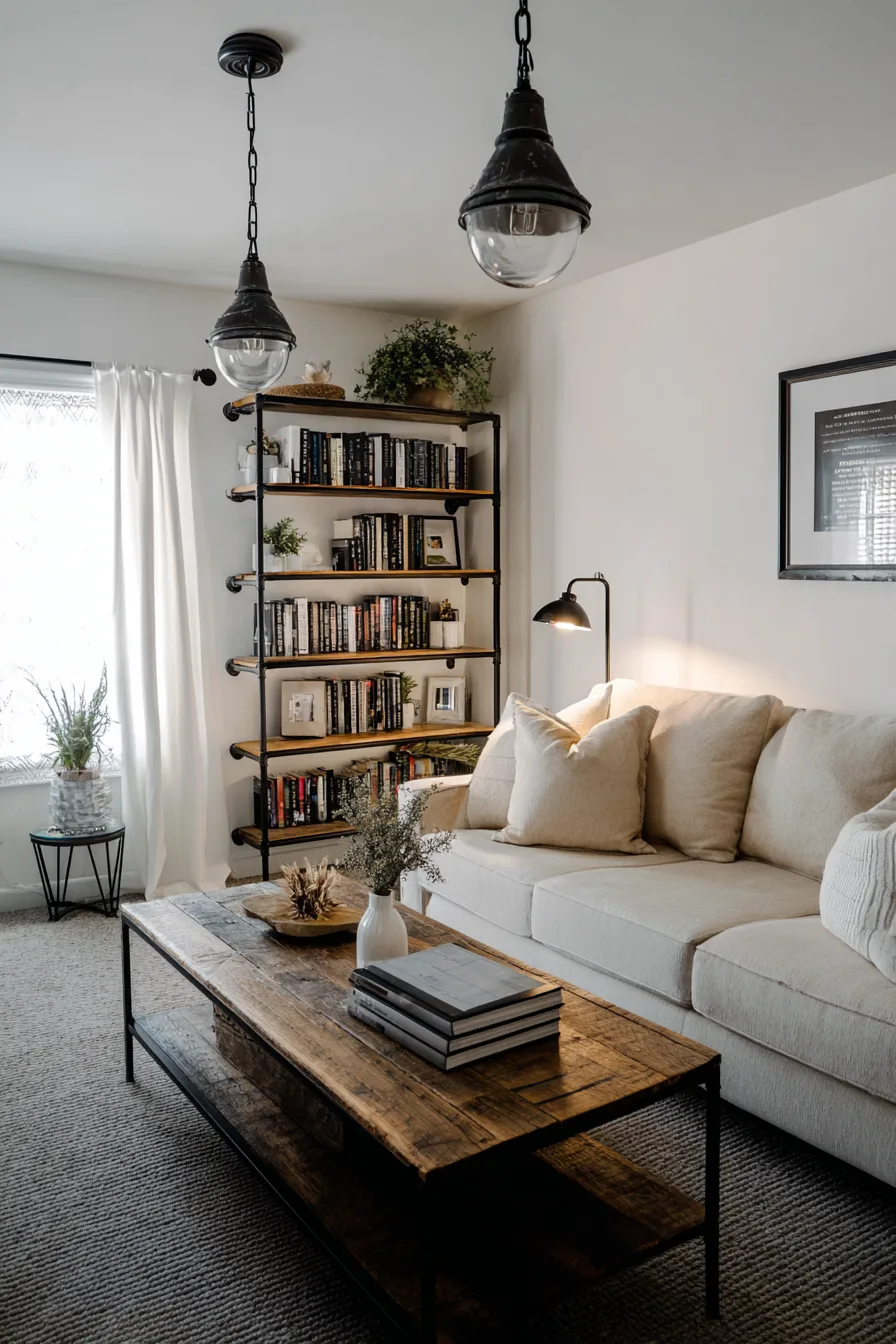 modern farmhouse living room with black metal pipe shelving