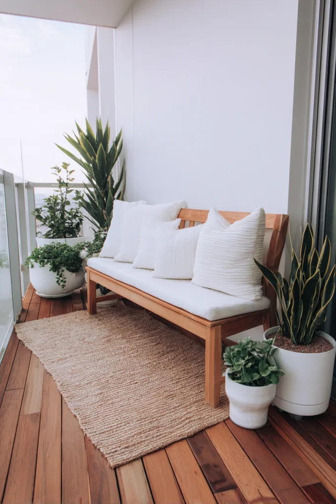 minimalist Scandinavian-style small balcony with light wood bench