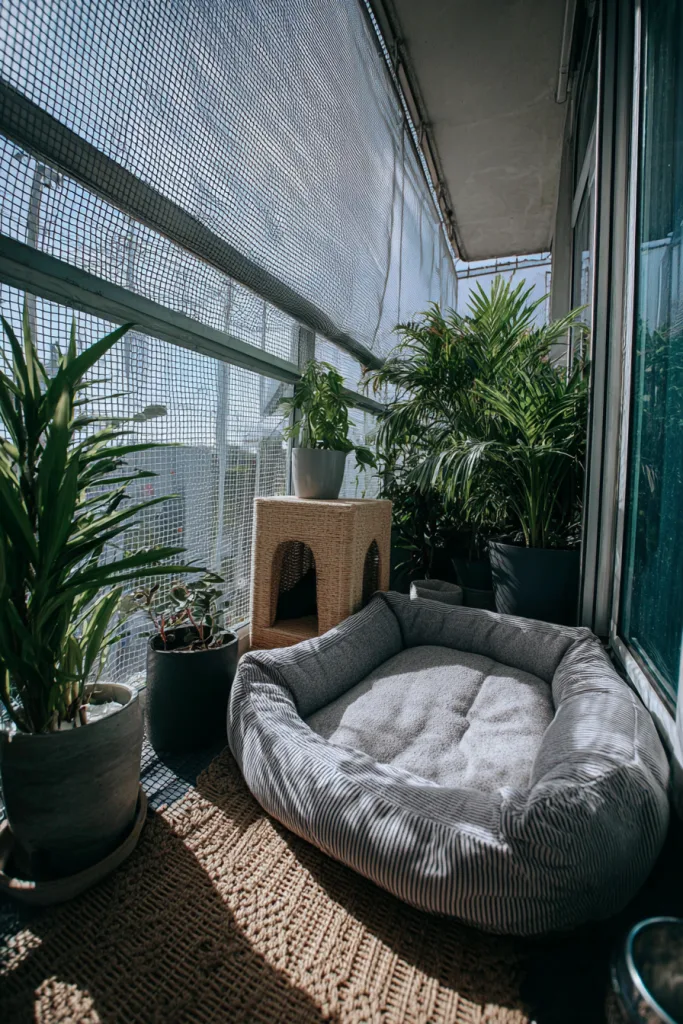 pet-friendly small balcony with secure mesh screening