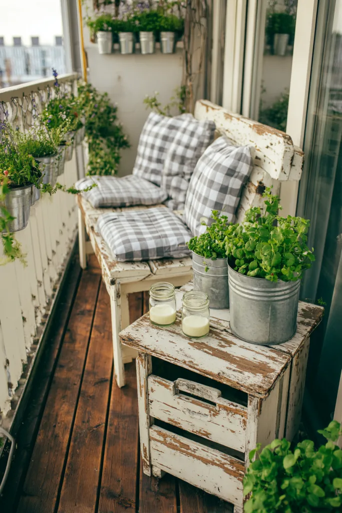 rustic farmhouse balcony with distressed white wood furniture