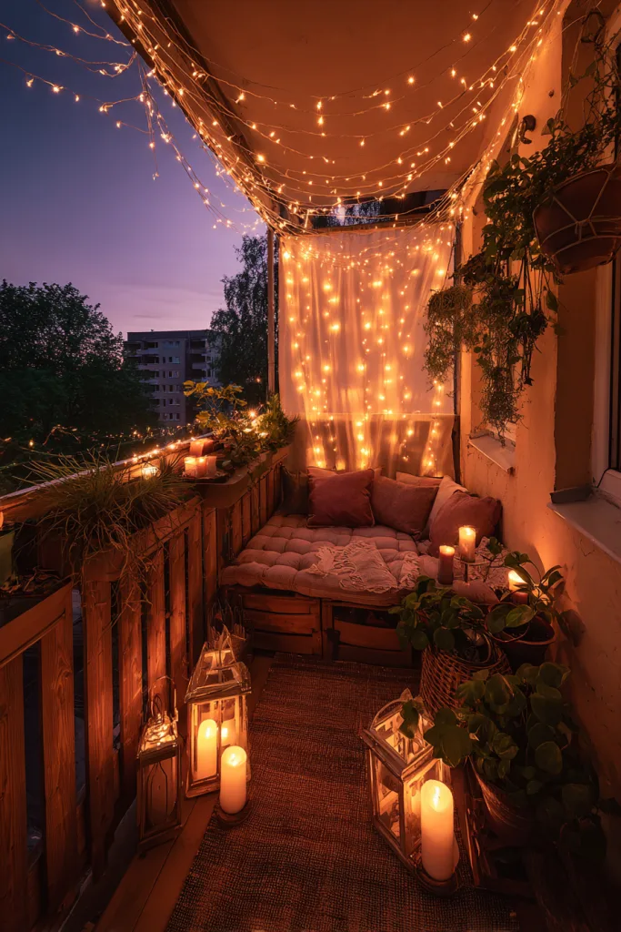 small balcony at dusk with warm string lights and lanterns