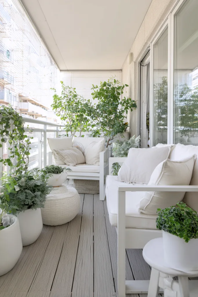 small balcony designed in a monochromatic white color scheme