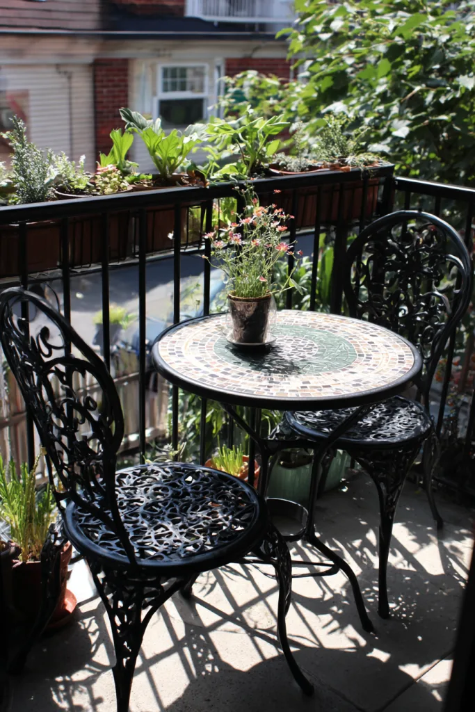 small balcony bistro table and two folding chairs