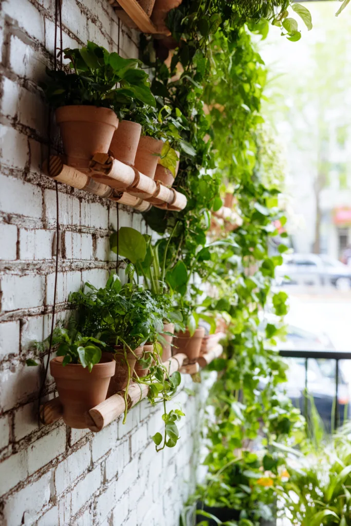 small balcony with a vertical garden wall of hanging planters