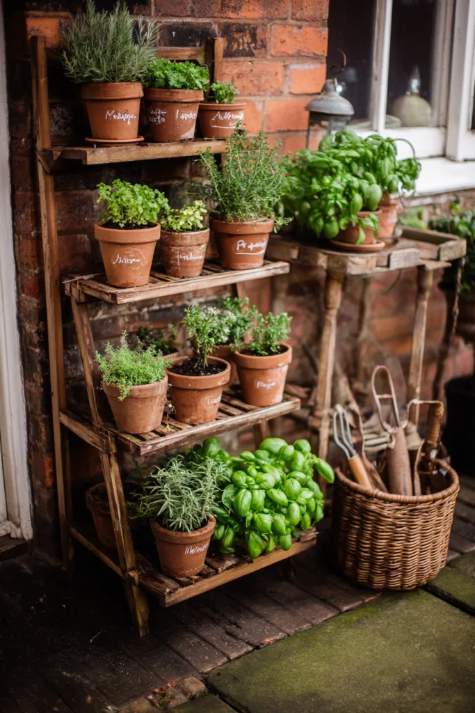 small balcony herb garden in rail-mounted planters