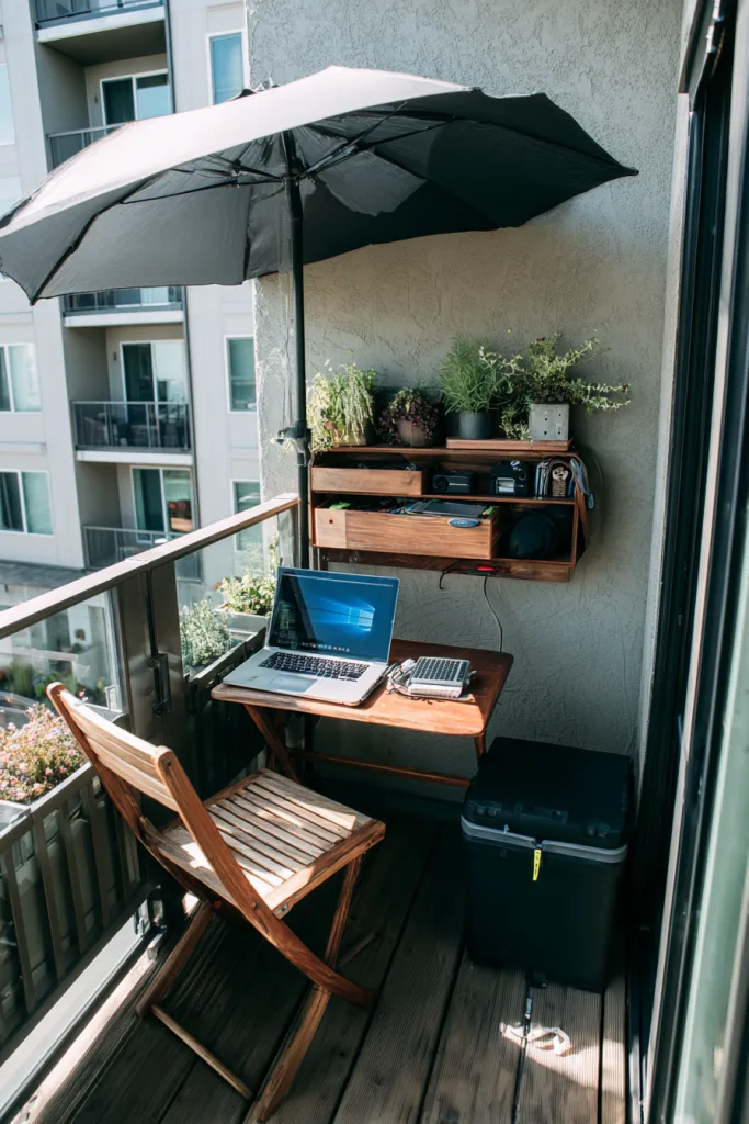 small balcony outdoor office with a wall-mounted desk