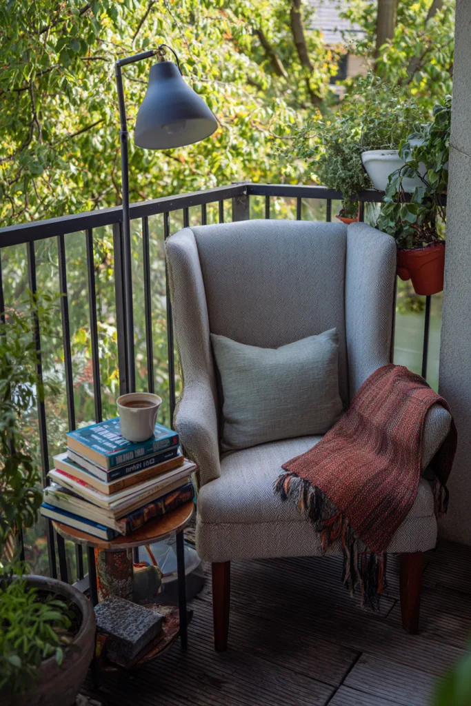 small balcony reading nook with a comfortable chair