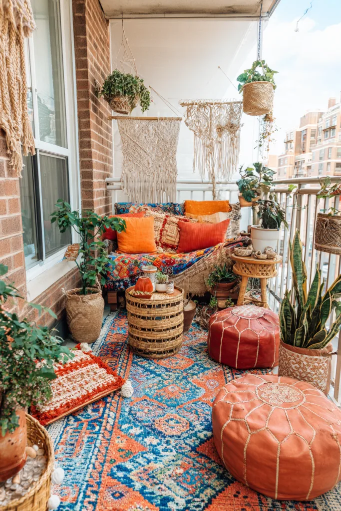 small bohemian balcony layered with colorful textiles