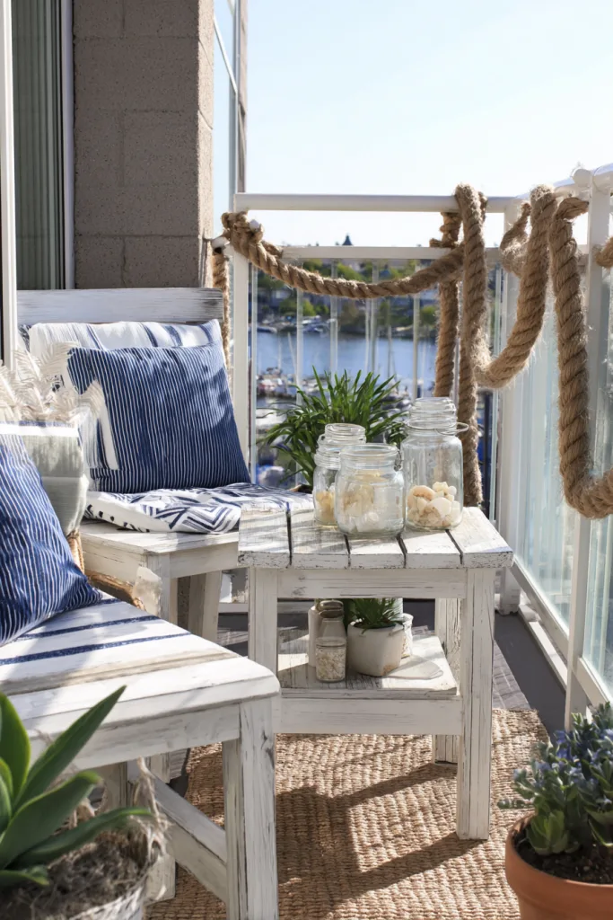 small coastal-themed balcony with distressed white furniture