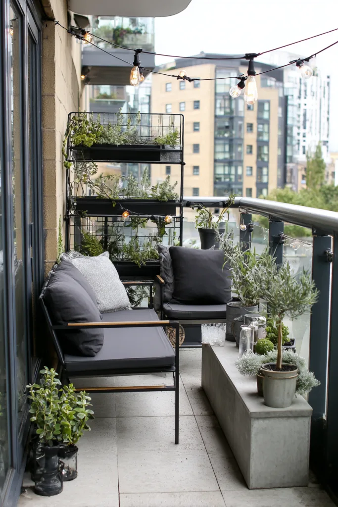 small industrial-style balcony with black metal furniture