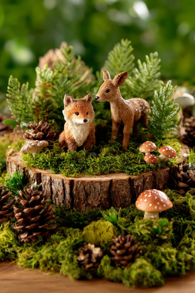 woodland creature forest centerpiece with animal figurines