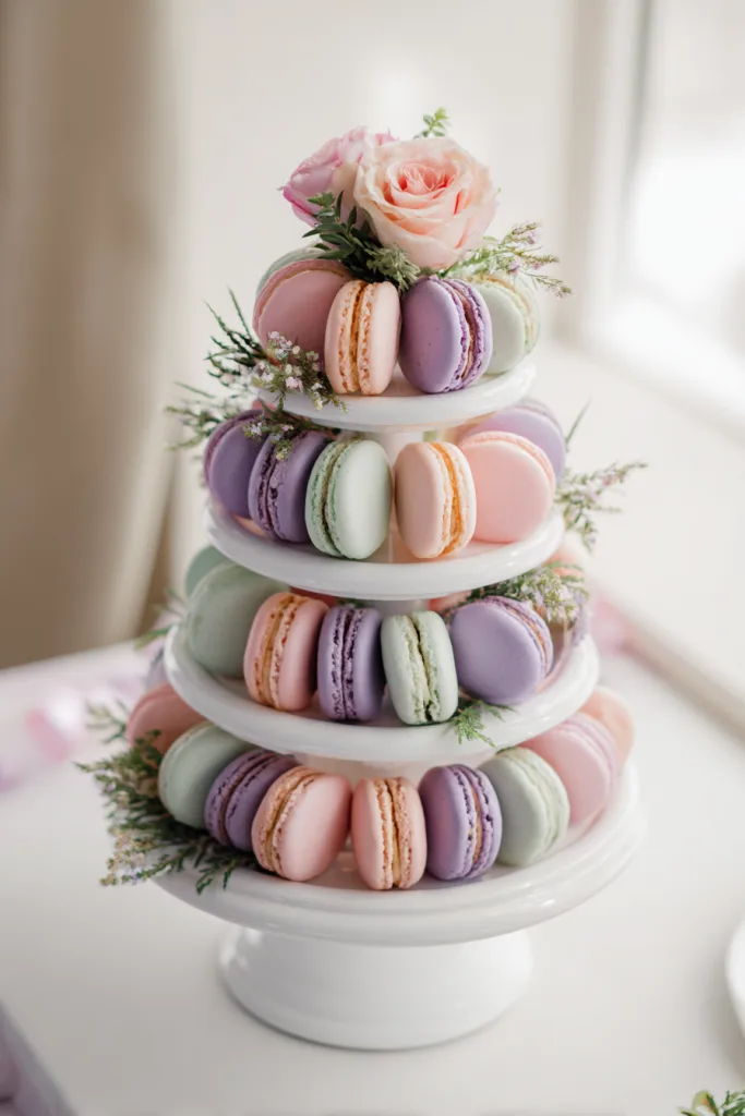 french macaron tower centerpiece for a baby shower