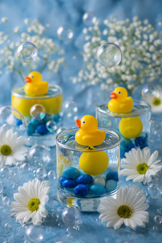 rubber ducky bath time centerpiece in glass containers