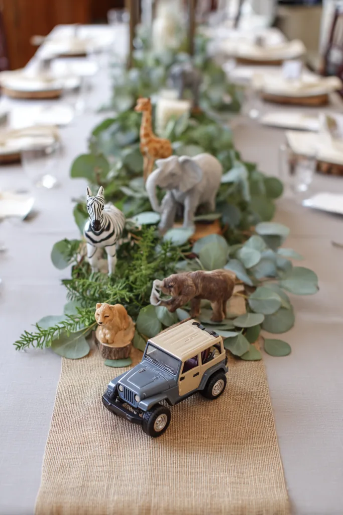 safari themed baby shower centerpiece with animal figurines