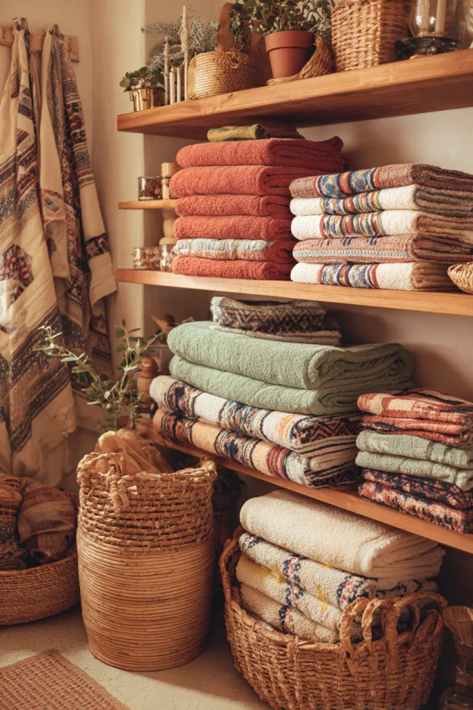 layered towels in boho bathroom