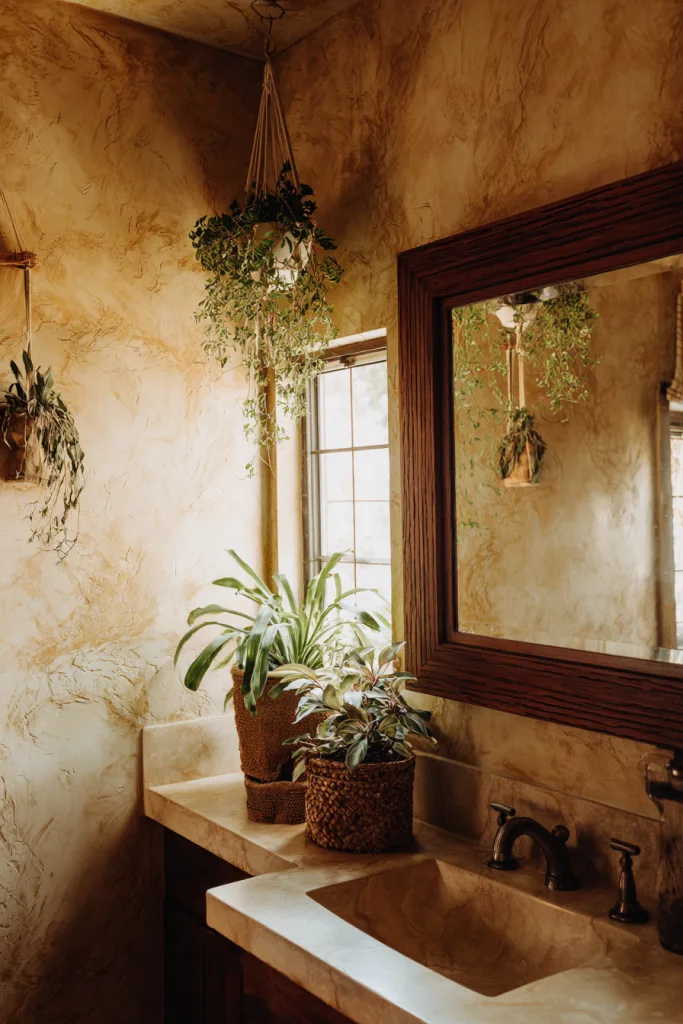 textured plaster wall in boho bathroom