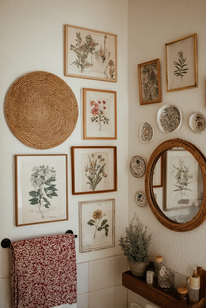 gallery wall in boho bathroom