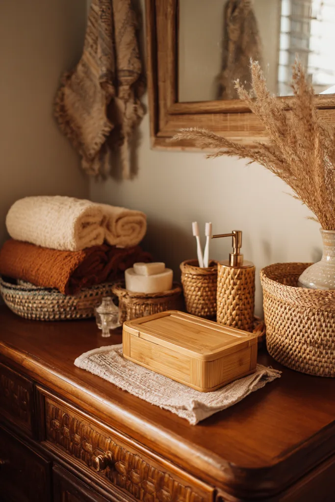 bamboo accessories in boho bathroom