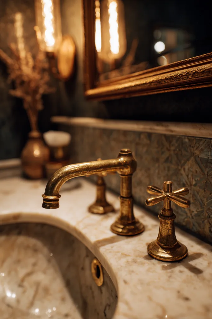 brass hardware in boho bathroom