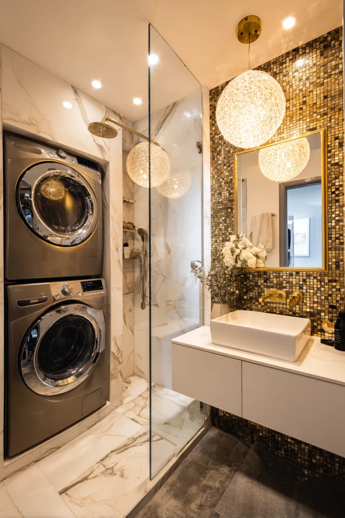 small bathroom with laundry