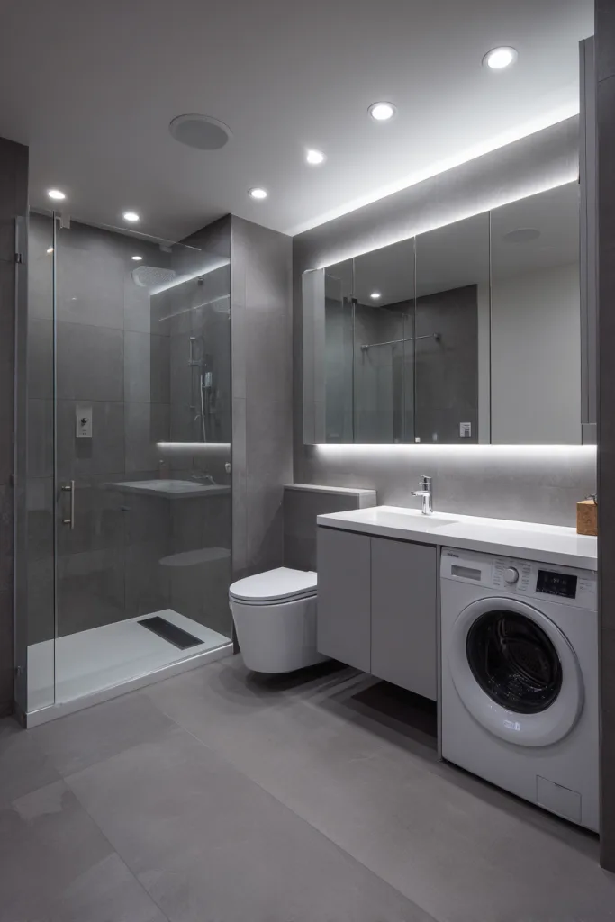 small bathroom with laundry