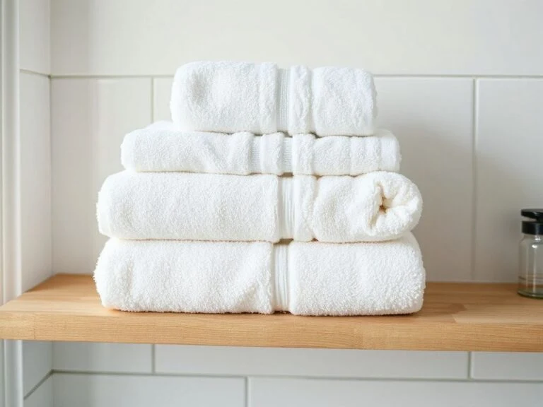 bath towels buying guide comparing different cotton weaves on a bathroom shelf
