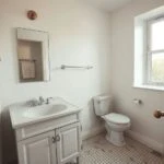 small bathroom with budget-friendly paint, storage, and mirror updates