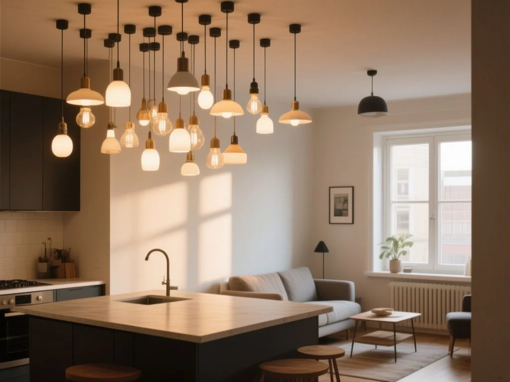 many pendant lights over island - detailed view