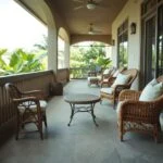 lanai furniture arranged around an oval coffee table in a screened outdoor living room