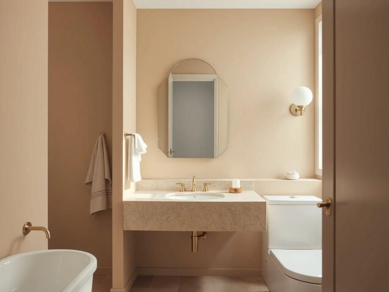 neutral bathroom inspo with warm beige tile, white oak, and brushed nickel