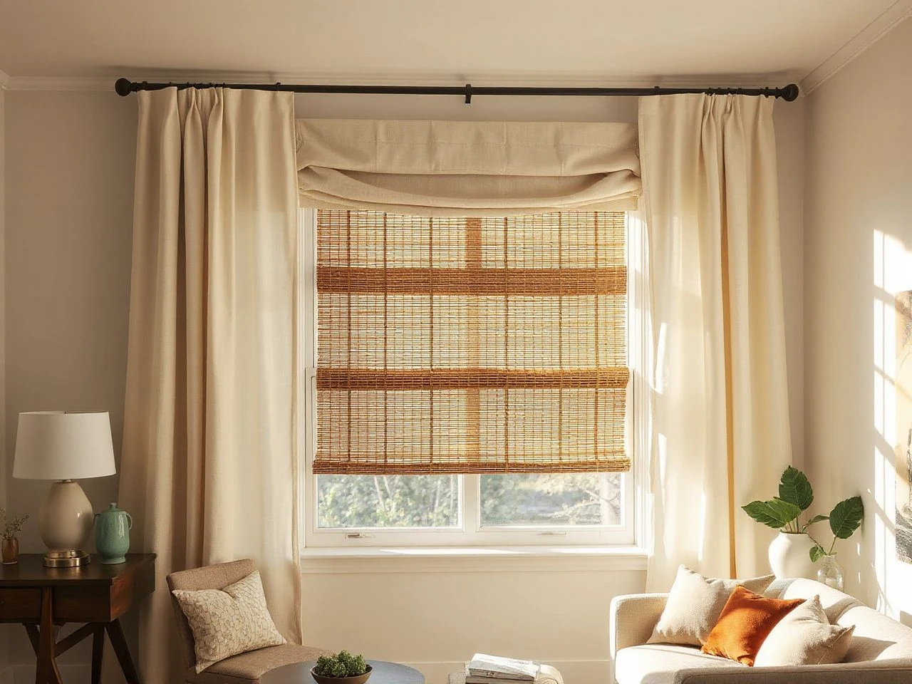 window treatment ideas for a bright living room with layered curtains and shades