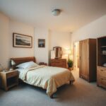 bedroom layout ideas with a bed, wardrobe, desk, and clear walking route