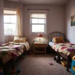 kids’ room with two beds and separate reading lamps
