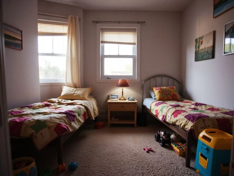 kids’ room with two beds and separate reading lamps