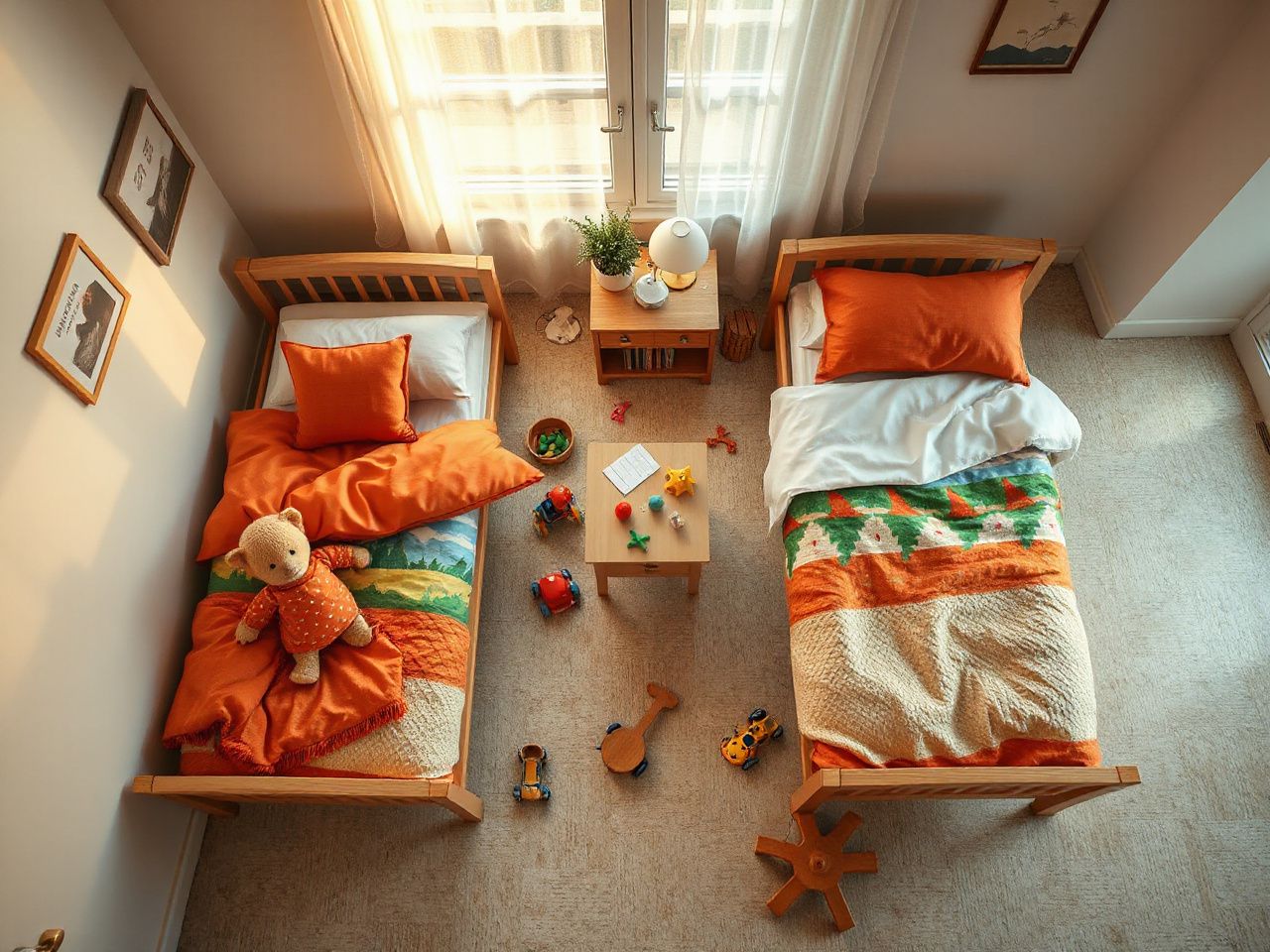 kids room with two beds - step by step