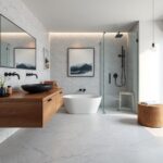 modern bathroom decor ideas with warm tile and layered lighting